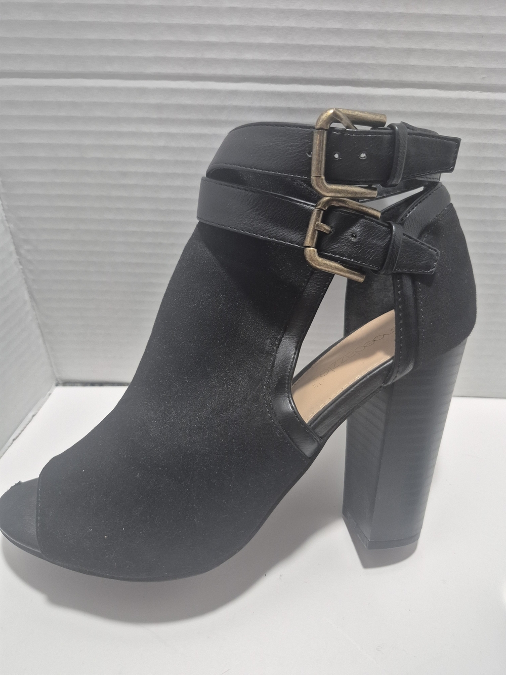 Shoe Dazzle Black Peep-Toe Cutout Ankle Boot with Double Buckles